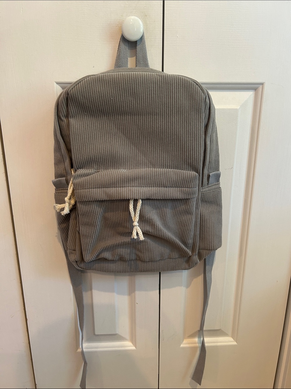 Gray Corduroy Backpack with Rope Accents